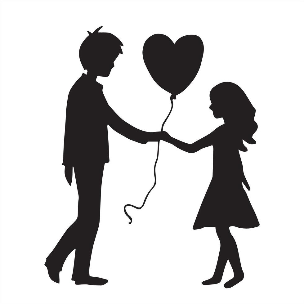 Silhouette von ein Paar im Liebe, ein Junge und ein Mädchen mit ein Ballon Herz. Valentinstag Tag, Liebe, Beziehungen vektor