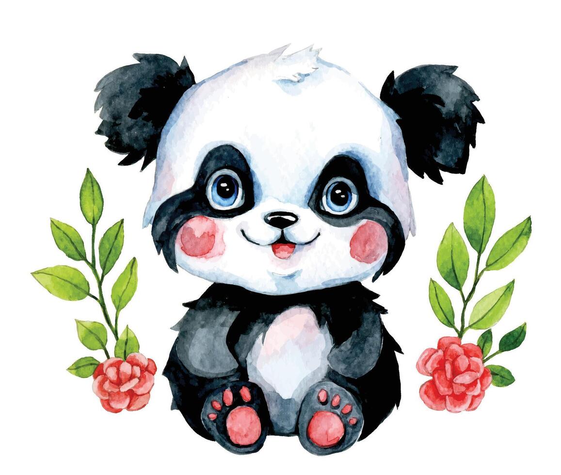 söt liten panda Björn med löv och blommor, vattenfärg teckning söt stil. skriva ut för barn vektor