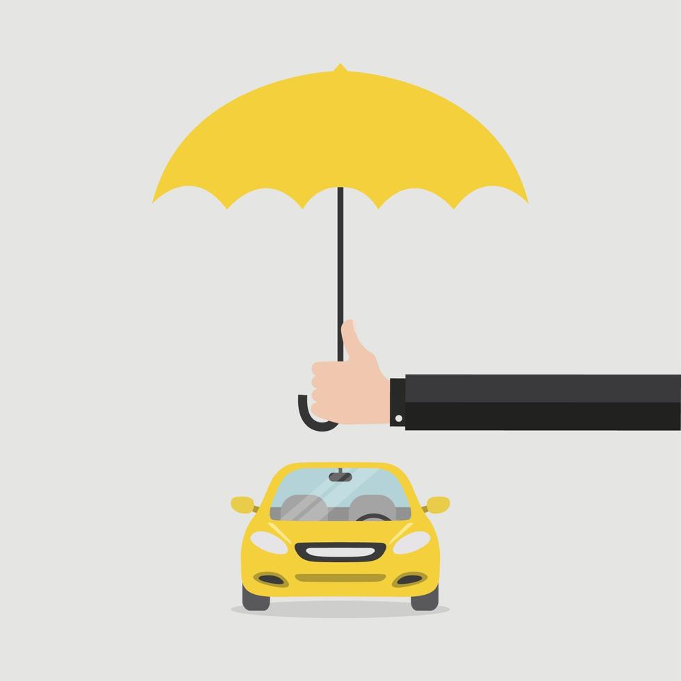 Handversicherer mit einem Regenschirm, der das Auto schützt. Sicherheitskonzept Auto. versicherung auto. vektor