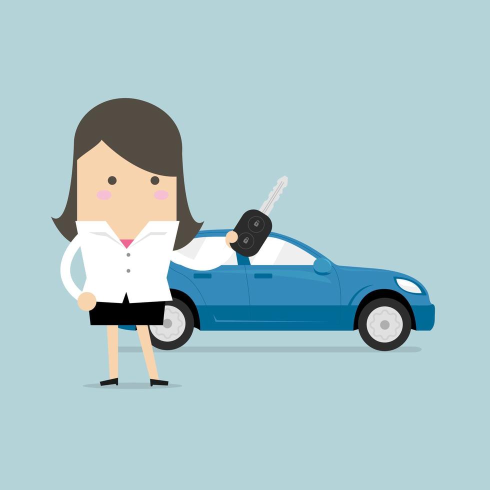 affärskvinna som håller en nyckel till en ny bil. vektor
