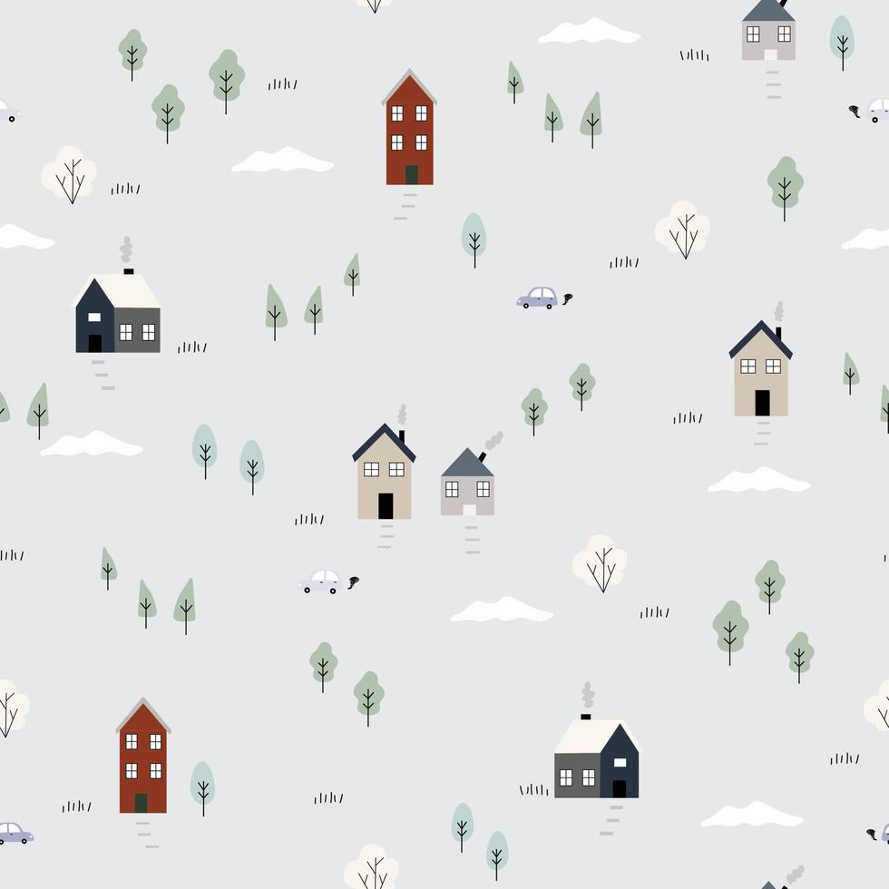 nahtlose Vektormuster Dorf Hintergrund Leben im Freien in einer ländlichen Gegend mit Haus, Auto und Baum. süßes Design handgezeichnet im Cartoon-Stil. verwendet für Modetextilien vektor