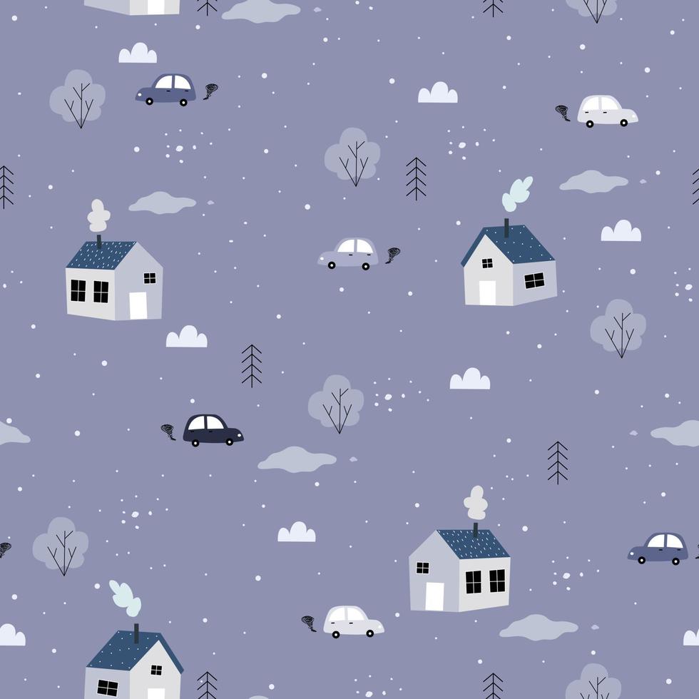 sömlösa mönster bakgrunden av en lantlig by under vintersäsongen med träd och antik bil kör söt design handritad i tecknad stil som används för mode, textil, vektorillustration. vektor