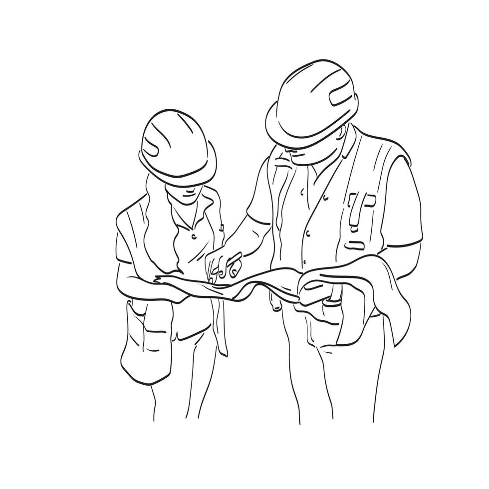 två byggnadsarbetare med hjälm tittar på ritningar illustration vektor isolerad på vit bakgrund linjekonst
