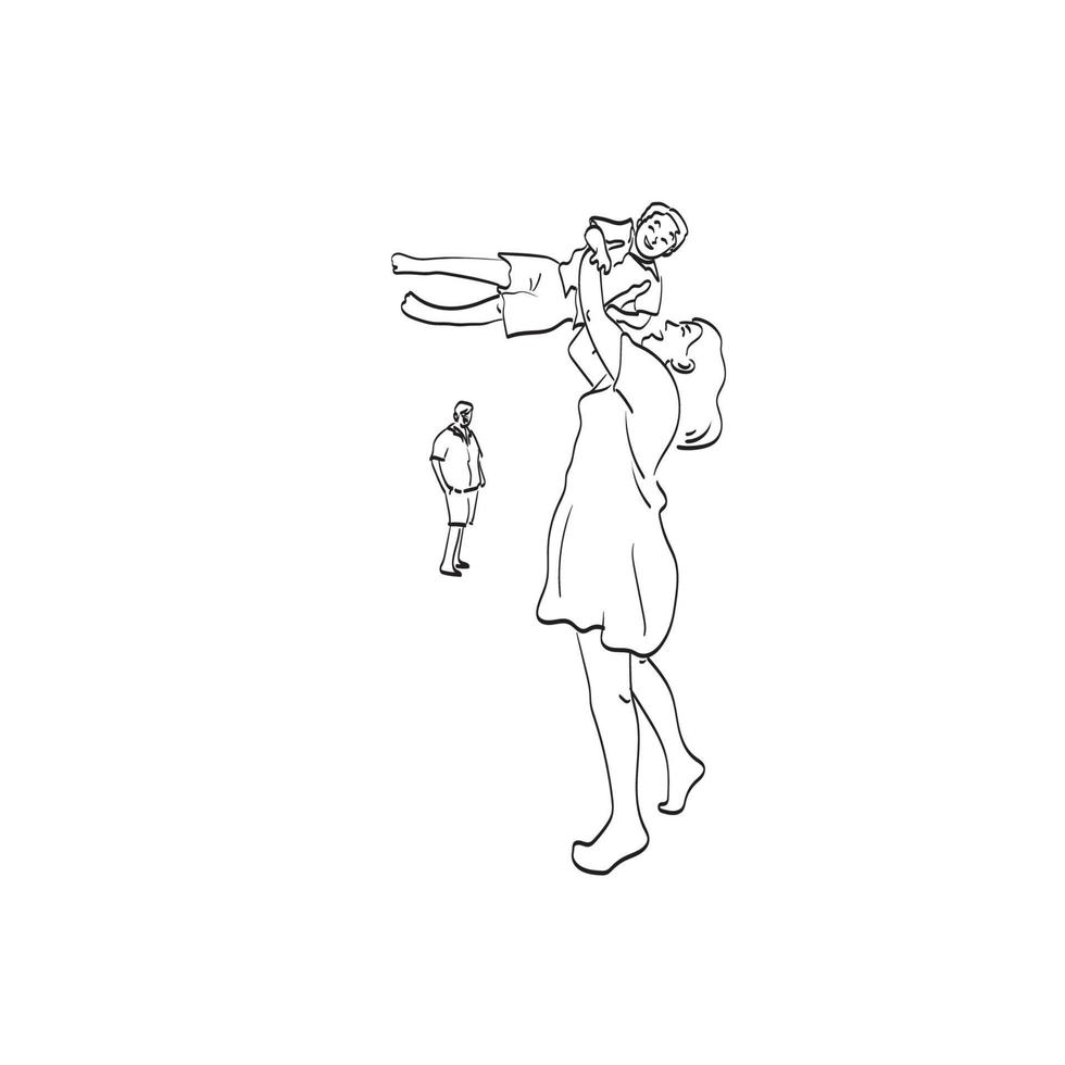 Strichzeichnungen Mutter hebt Tochter auf den Armen auf und lacht den Illustrationsvektor isoliert auf weißem Hintergrund vektor