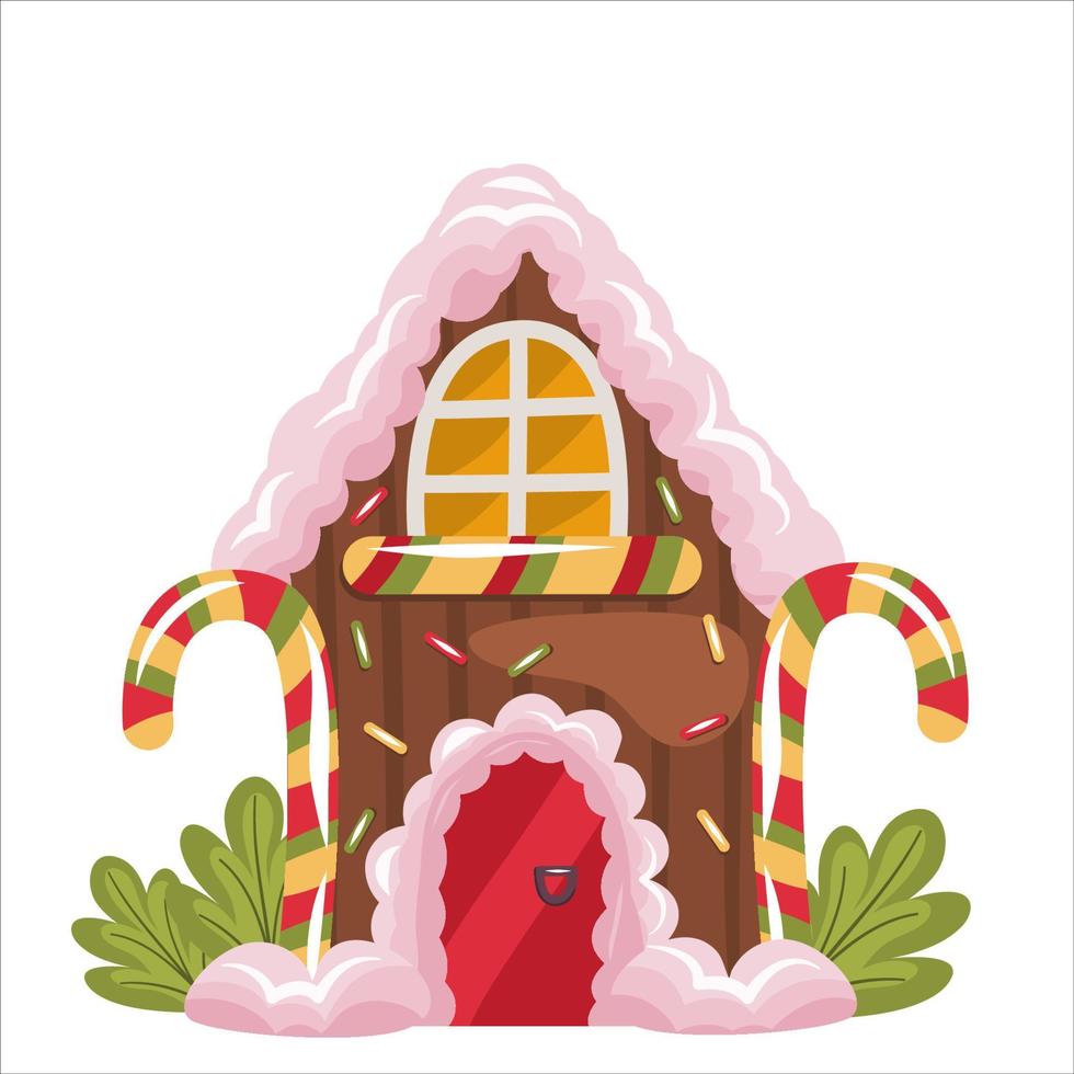 Lebkuchenhaus Weihnachtsfestlichkeit isoliert auf weißem Hintergrund. Lebkuchen mit Schlagsahne und Bonbons. vektor