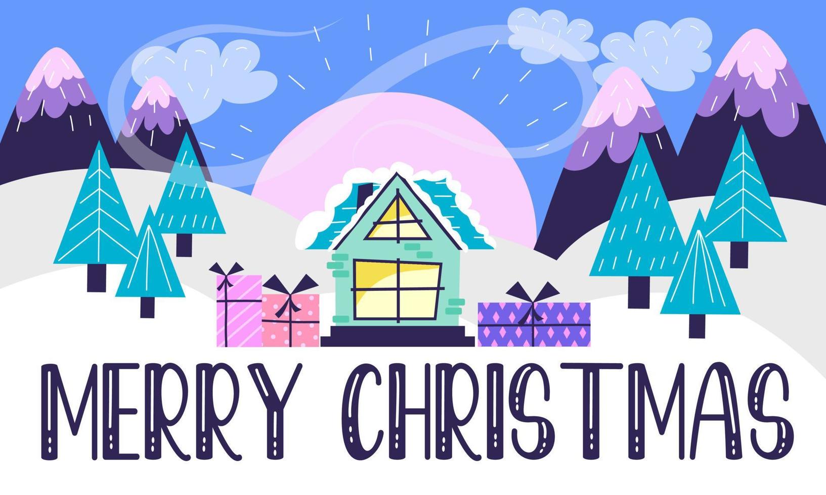 Weihnachtslandschaft mit Aufschrift Frohe Weihnachten auf dem Hintergrund von Bergen, Bäumen und Häusern in einem skandinavischen flachen Stil. Vektor-Illustration des Winterhintergrunds für Web und Postkarten. vektor