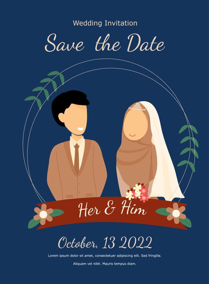 Hochzeitseinladung mit muslimischer Paarillustration. einfache und elegante Hochzeitsvorlage vektor