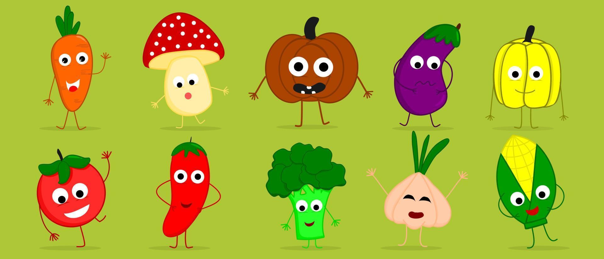 uppsättning av söta grönsaker karaktär med olika poser och känslor vektor