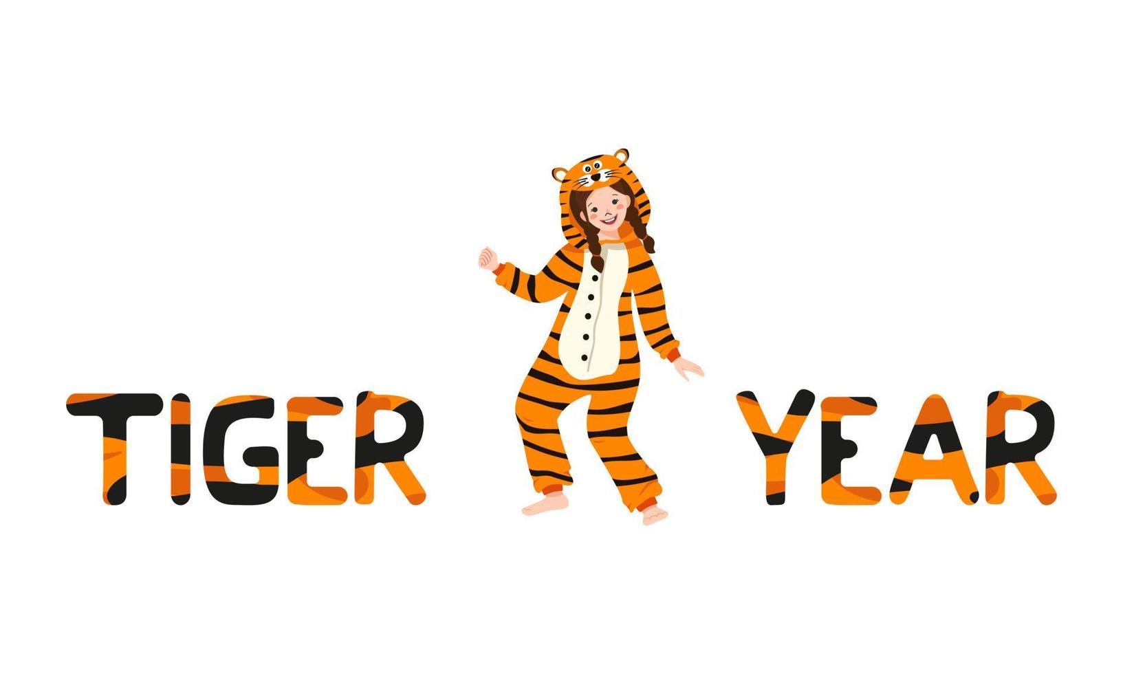 flicka i tiger karneval kostym och inskription nytt år från randig orange med svarta bokstäver. barnpyjamasfest eller semester. barn i jumpsuits eller kigurumi, festliga kläder till jul vektor