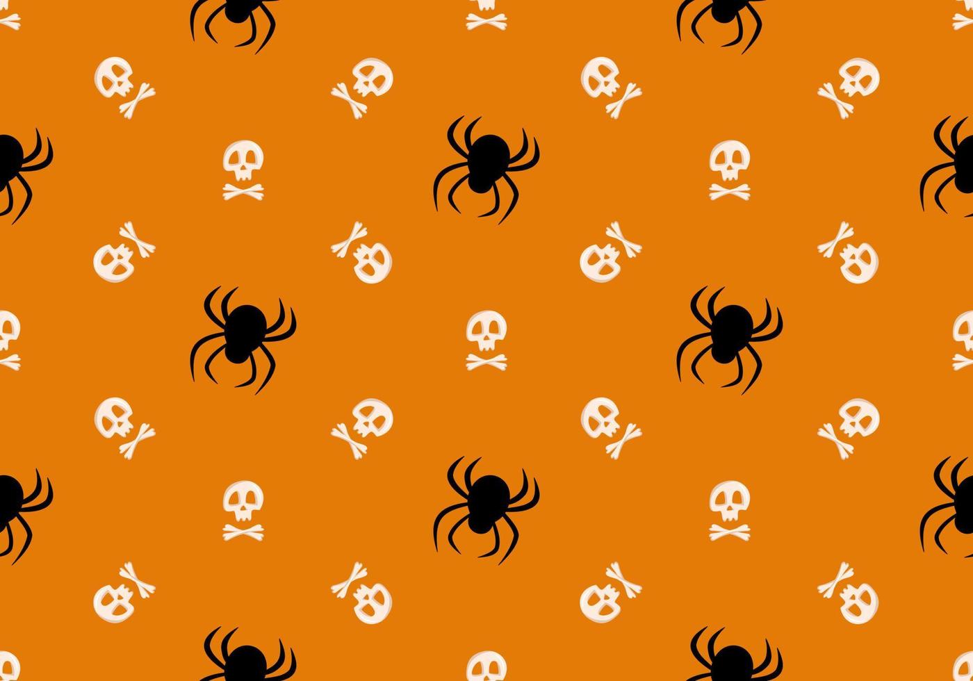 ljusa sömlösa mönster med skalle, korsade ben och spindlar på orange bakgrund. modetryck för barnfest, semester, halloween, textil och design vektor