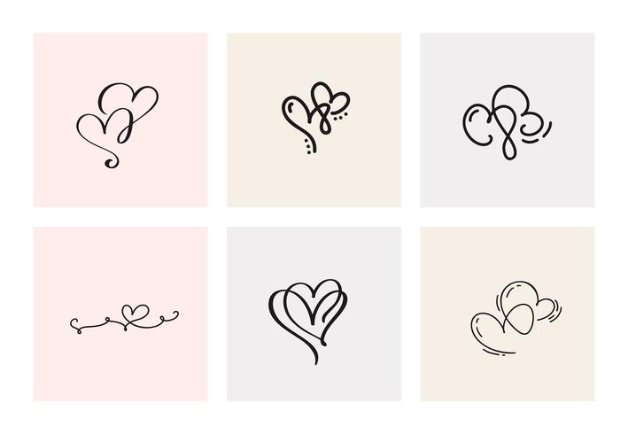 Set med sex vintage vektor valentines dag handdragen kalligrafisk hjärta. Kalligrafi bokstäver illustration. Holiday Design valentin. Ikon kärleksdekor för webb, bröllop och tryck. Isolerat