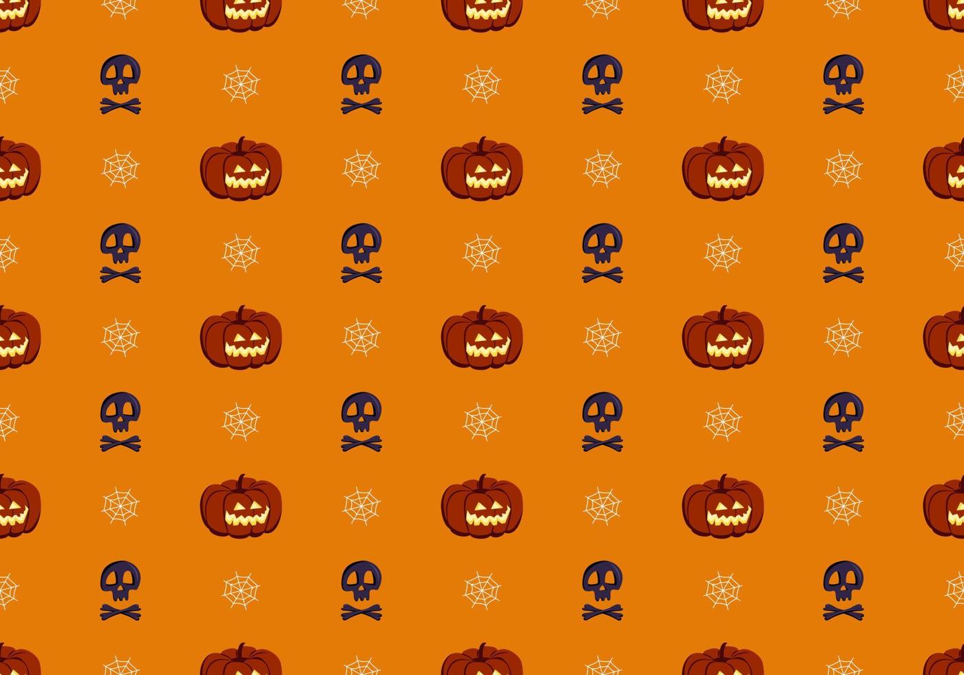 helles nahtloses Muster mit Kürbissen, Schädeln und Spinnennetz. festliche Herbstdekoration für Halloween. Feiertags-Oktober-Hintergrund für Papierdruck, Textil und Design vektor