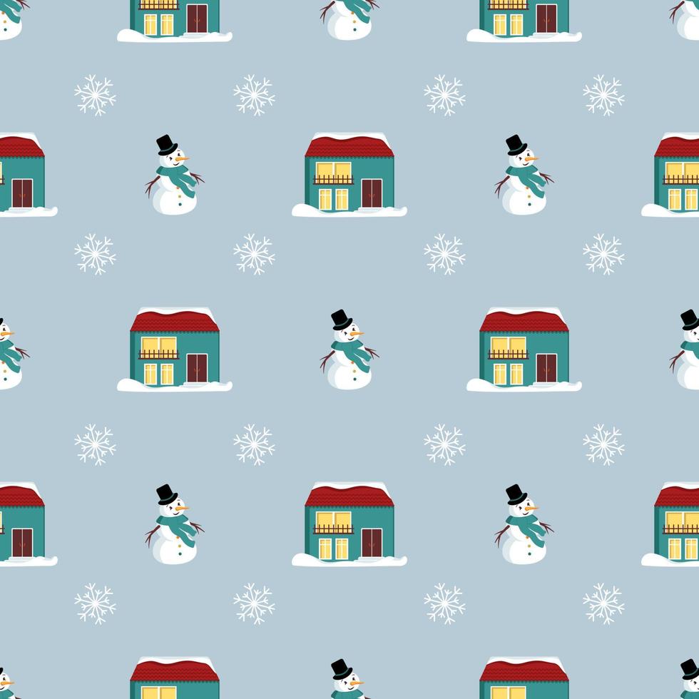 nahtloses Muster mit festlichen Weihnachtshäusern und Schneemann auf blauem Hintergrund. leuchtender Druck für das neue Jahr und die Winterferien für Geschenkpapier, Textilien und Design. vektor