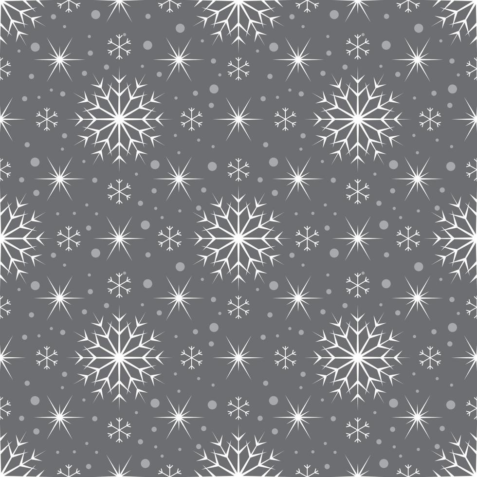 nahtloses Muster mit weißen Schneeflocken und Sternen auf grauem Hintergrund. festliche winterliche traditionelle dekoration für neues jahr, weihnachten, feiertage und design. Ornament der einfachen Linie vektor