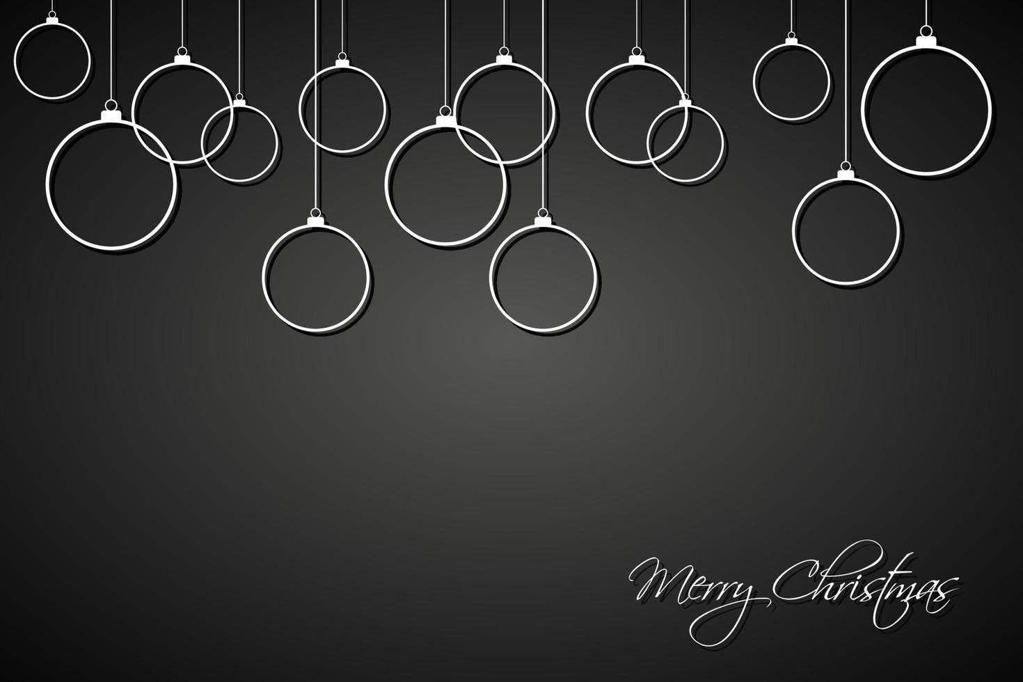 weiße Weihnachtskugeln mit Saiten auf schwarzem Hintergrund. Feiertagsgrußkarte mit Zeichen der frohen Weihnachten. frohes neues jahr vektorillustration vektor