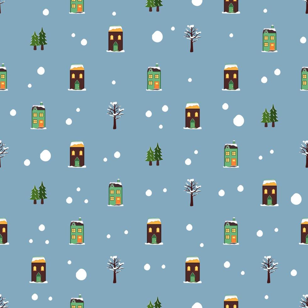 sömlösa mönster med festliga julhus, träd i snö och snöflingor på blå bakgrund. ljust tryck för nyår och vintersemester för omslagspapper, textil och design vektor