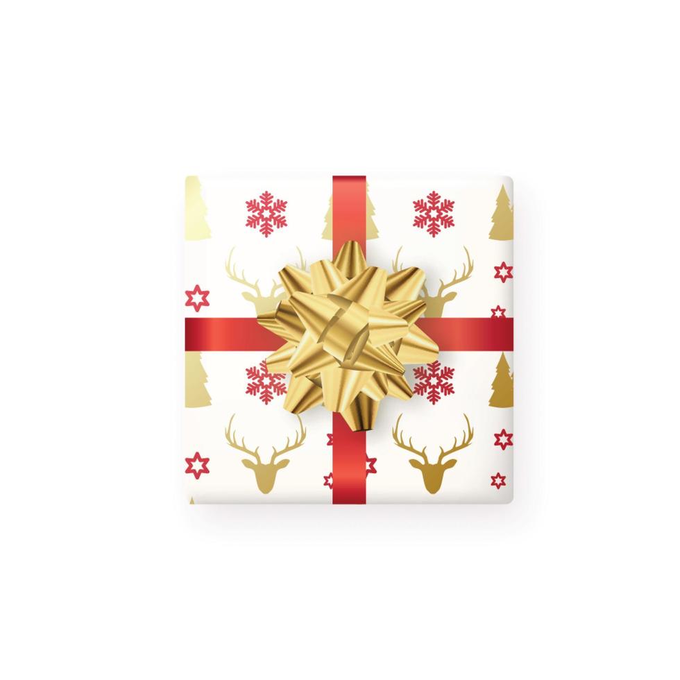 Weihnachtsgeschenkbox verpackt in Papier und dekorativer realistischer goldener Schleife. vektor