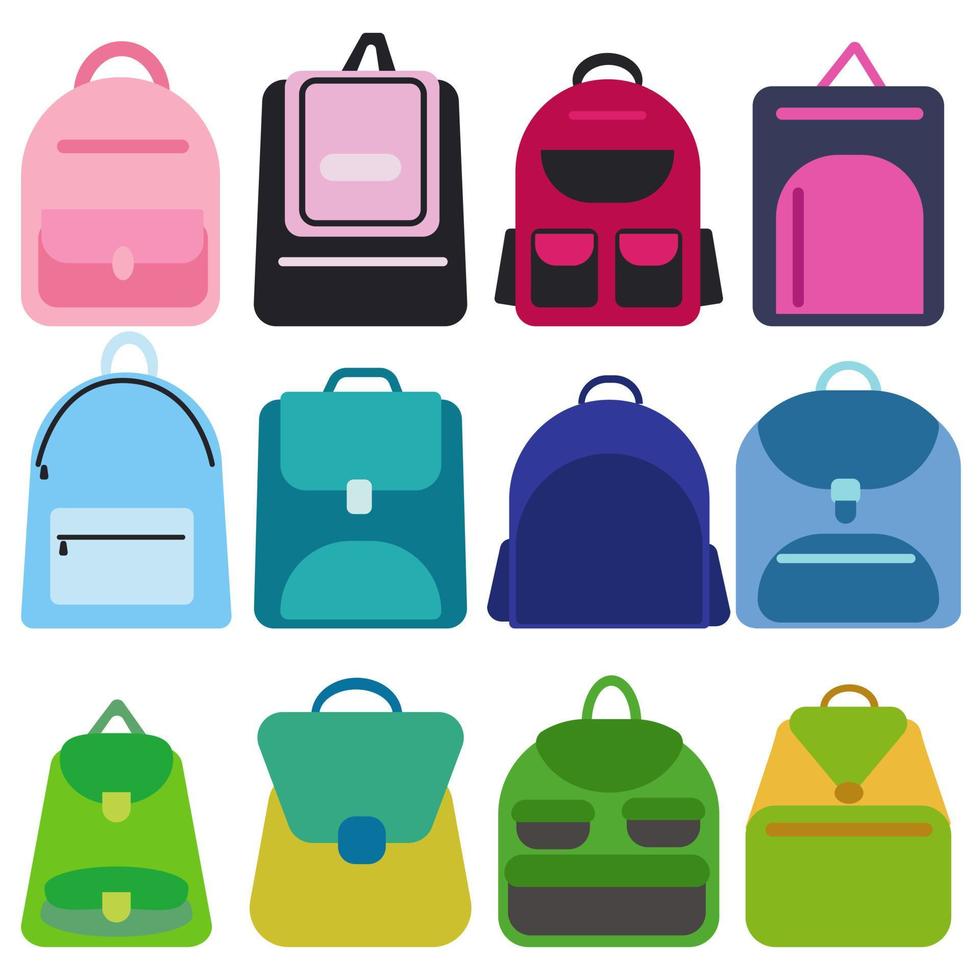 set med skolryggsäckar i olika utföranden och färgvariationer i platt stil vektor
