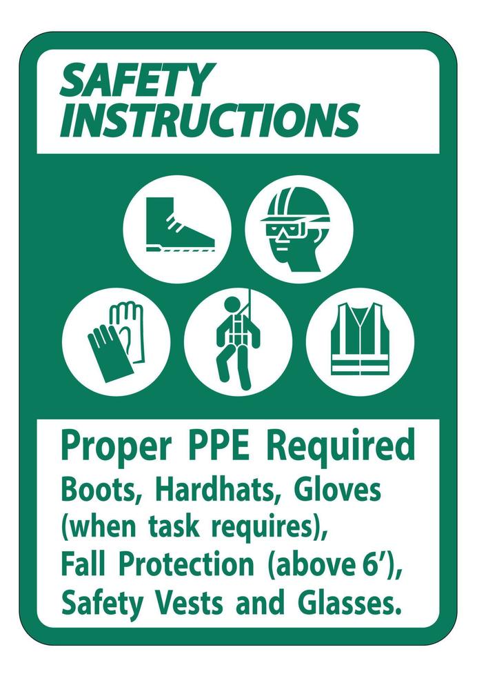 Sicherheitsanweisungen unterschreiben ordnungsgemäße PSA erforderliche Stiefel, Schutzhelme, Handschuhe, wenn die Aufgabe Absturzsicherung erfordert, mit PSA-Symbolen vektor