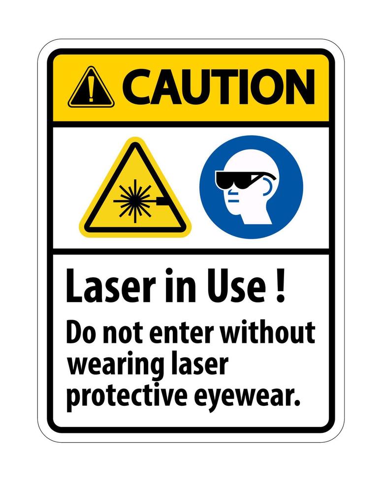 Vorsicht Warnung ppe Sicherheitsetikett, Laser in Gebrauch nicht ohne Laserschutzbrille eintreten vektor