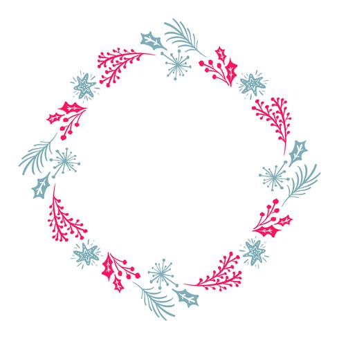 Jul Hand Drawn krans röd och blå Floral Winter Design Elements isolerad på vit bakgrund för retro design blomstra. Vektor kalligrafi och bokstäver illustration