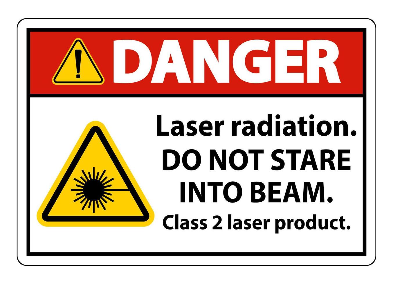 fara laserstrålning, stirra inte in i strålen, klass 2 laserproduktskylt på vit bakgrund vektor