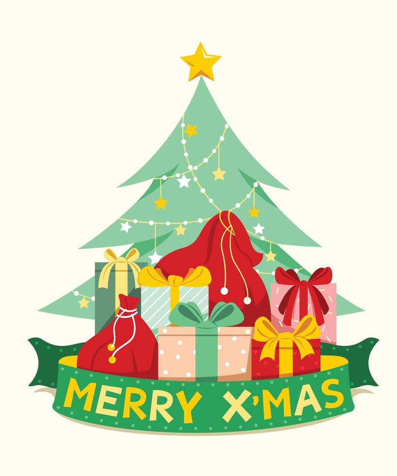 die dekorative kiefer mit stapel von geschenkboxen und bandflagge mit frohen weihnachtsworten. vektor