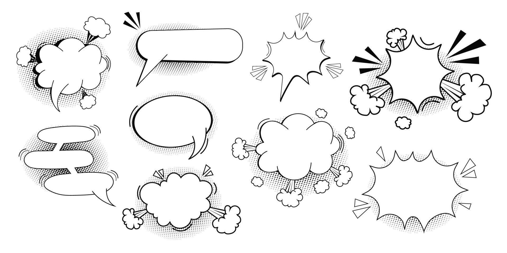 uppsättning pow bubbla Tal komisk uttryck ram tecknad serie klotter isolerat på vit bakgrund. bom explodera effekt, halvton dekoration,. vektor illustration