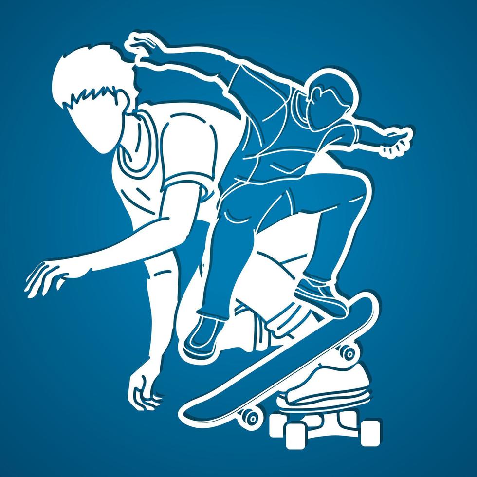 Schattengruppe von Skateboardern, die zusammen Skateboard spielen vektor