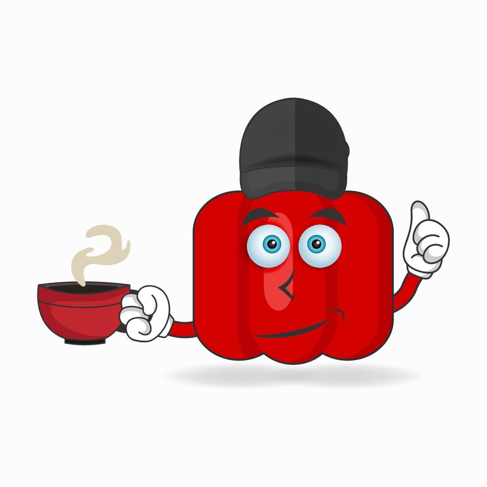 roter Paprika-Maskottchencharakter, der eine heiße Tasse Kaffee hält. Vektor-Illustration vektor