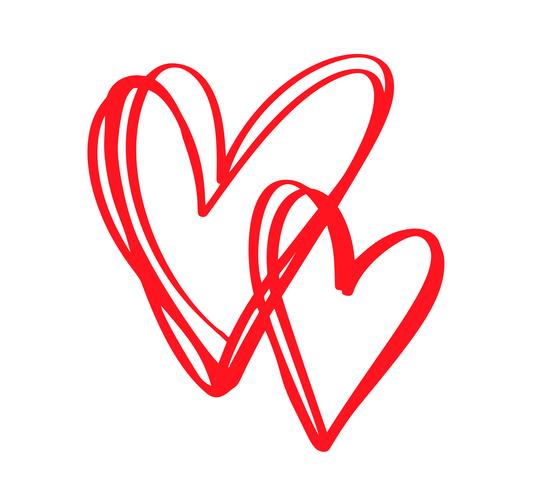 Par Röd Vector Alla hjärtans dag Handdragen Kalligrafiska Hjärtan. Holiday Design-element. Ikon kärleksdekor för webb, bröllop och tryck. Isolerad kalligrafi bokstäver illustration