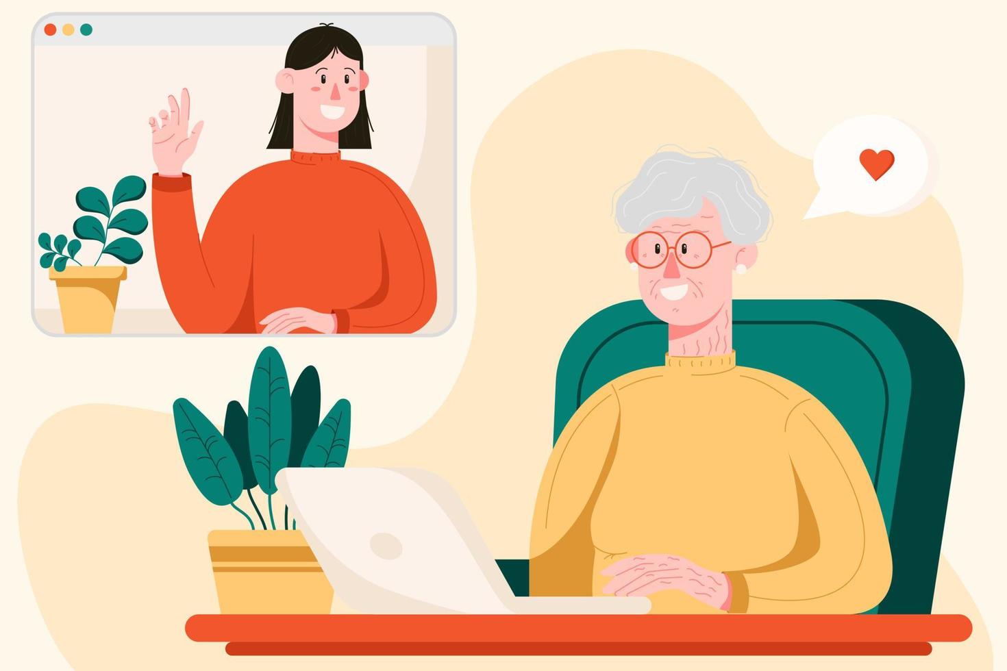 glad mormor med laptop pratar med sin dotter genom videochatten, kvinnliga karaktärer i platt stil, videochattkoncept. vektor