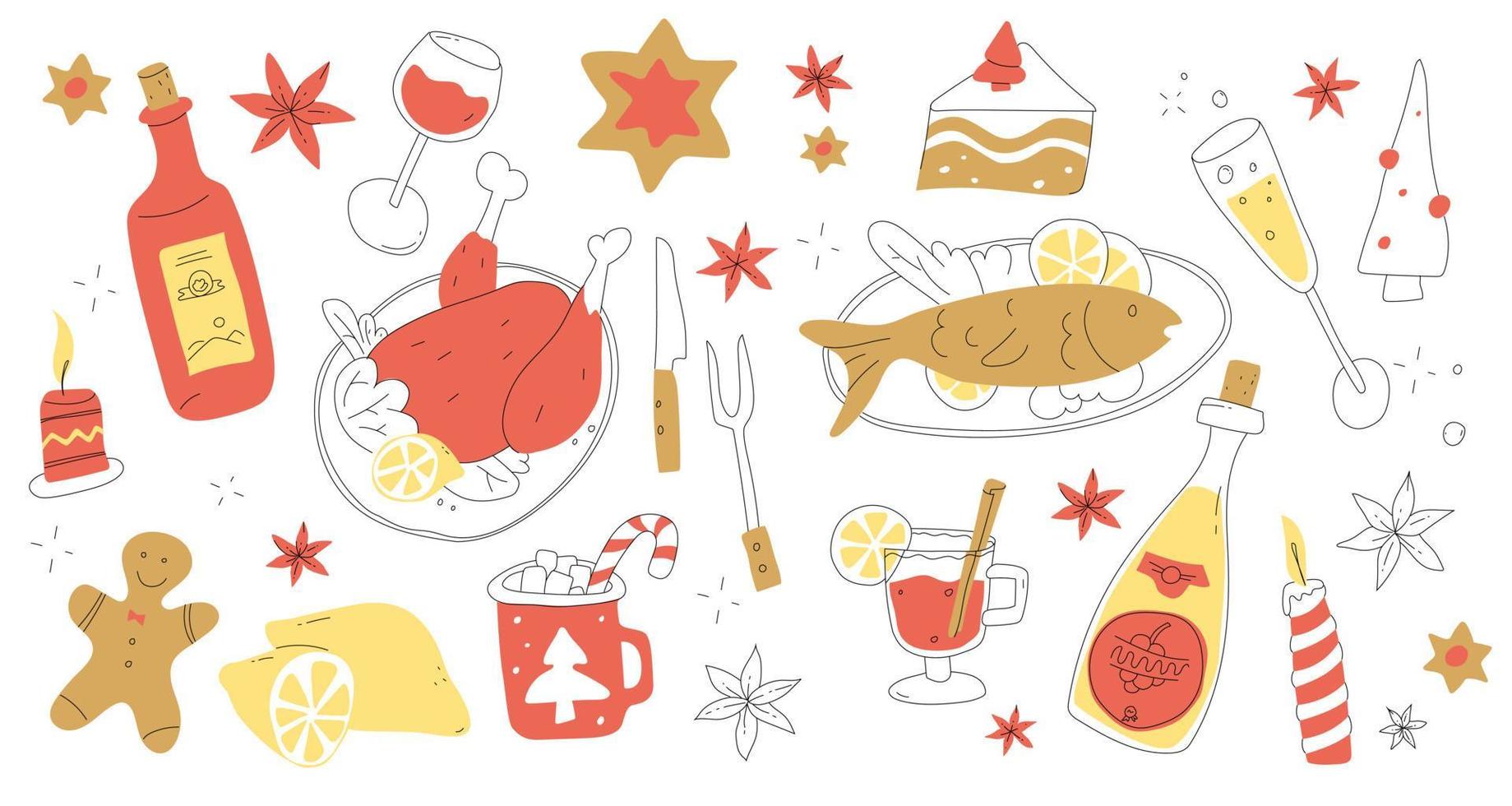 julmeny i doodle -stil. julafton mat och dryck. god julmiddag. x-mas fest välsmakande matlagning. vektor