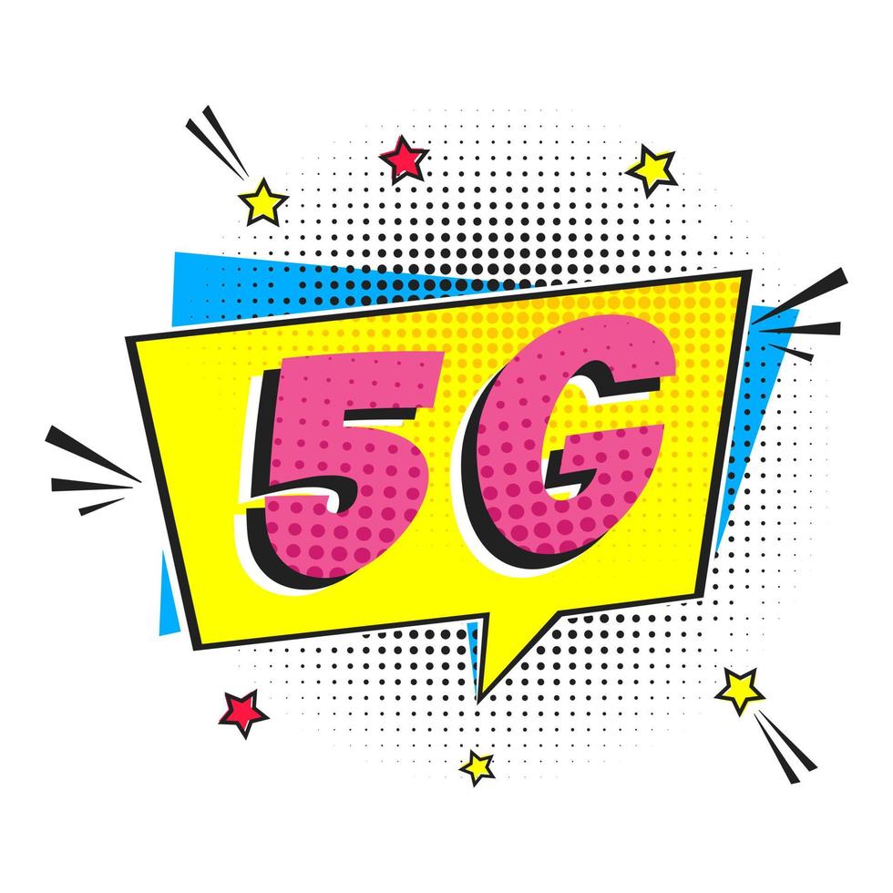 5g neue drahtlose Internet-WLAN-Verbindung Comic-Stil Sprechblase Ausrufetext 5g flache Design-Vektor-Illustration isoliert auf weißem Hintergrund. neues mobiles Internet 5g-Zeichensymbol im Ballon. vektor