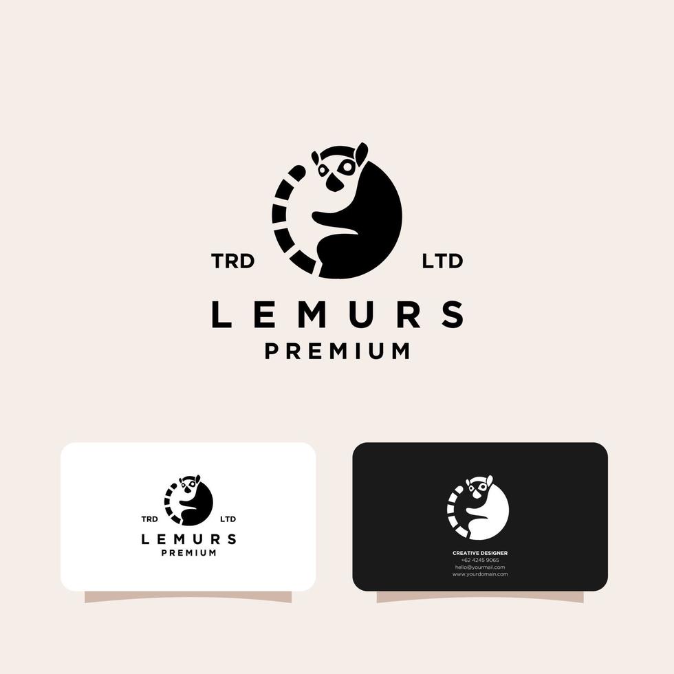 premium svarta lemurer ring svans vektor logotyp med visitkort