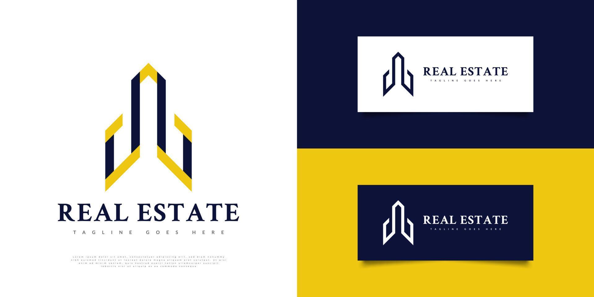 abstraktes einfaches und sauberes Immobilien-Logo-Design in Blau und Gelb. Bau-, Architektur- oder Gebäudelogo-Design vektor