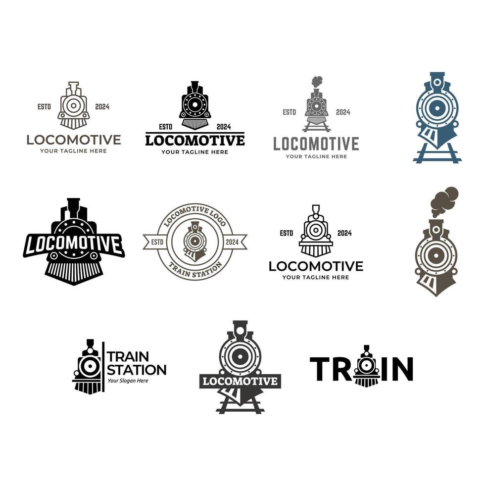 uppsättning av enkel årgång gammal lokomotiv tåg logotyp design mall illustration. vektor