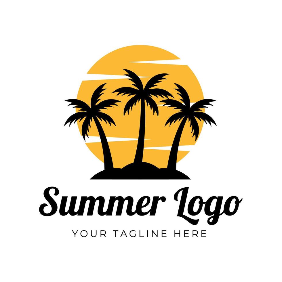 Sommer- Strand Logo Vektor Illustration. Sonnenuntergang Sommer- Strand Logo Vektor