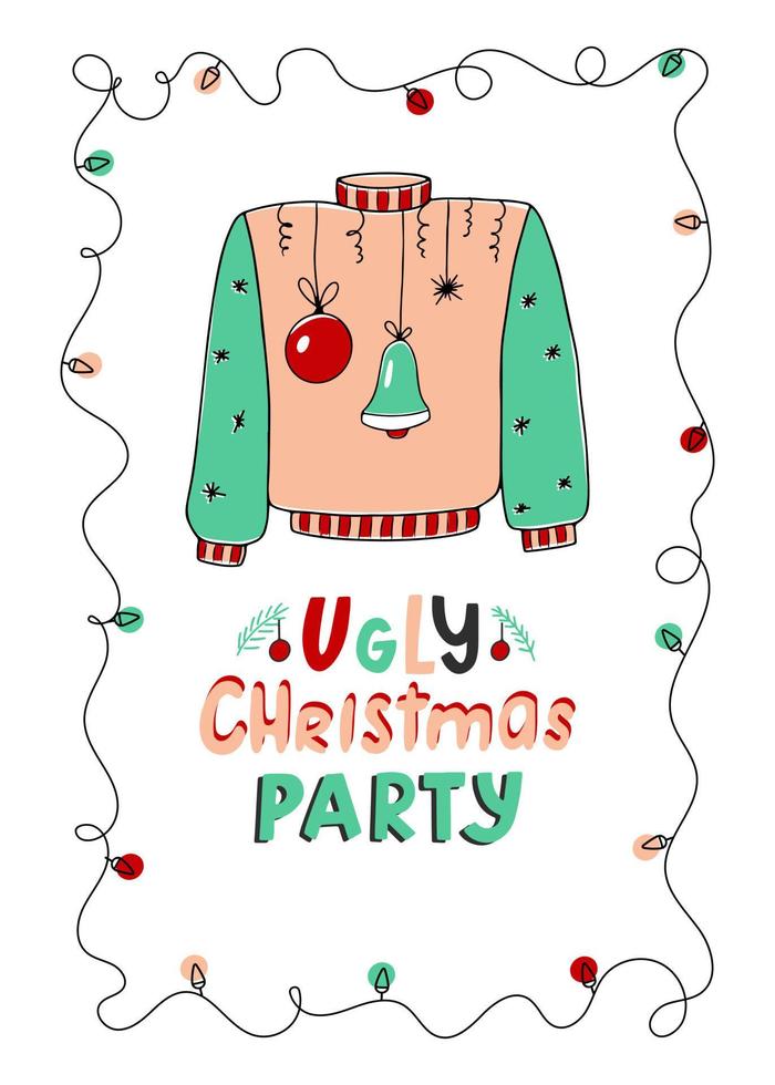 ful julfest vertikal affisch eller kort för inbjudan med tröja och krans. vektor illustration för semester design