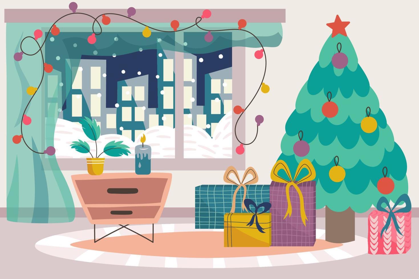 skandinavisches weihnachtsinterieur mit weihnachtsbaum, nachttisch und geschenken. gemütlicher skandinavischer winter, großes fenster mit häusern und wohnzimmerteppich. Vektor-Illustration vektor