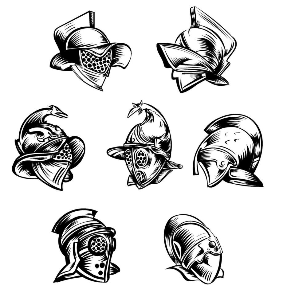 skizzieren von römisch Gladiator Rüstung Helme einstellen Vektor Illustration