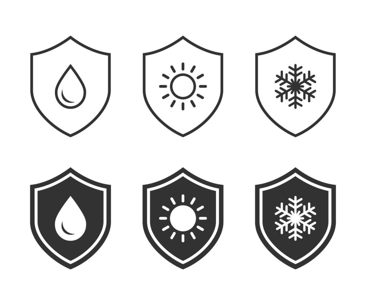 wasserdicht, Sonne schützen, und Frost schützen im das Schild Symbol. Frost beständig, Wasser beständig. Vektor Illustration.