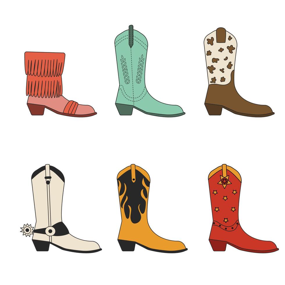 ein einstellen von retro Cowboy Stiefel mit ein traditionell Muster, Randbereich, und Sporn. Vektor Stiefel im Cowboy und Western Stil. wild Westen Konzept.