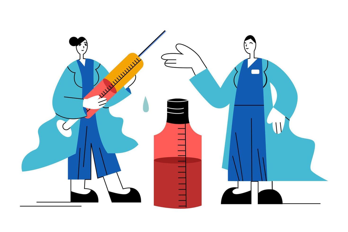 weiblich Krankenschwester halten Spritze mit Impfstoff und reden mit Kollege vektor