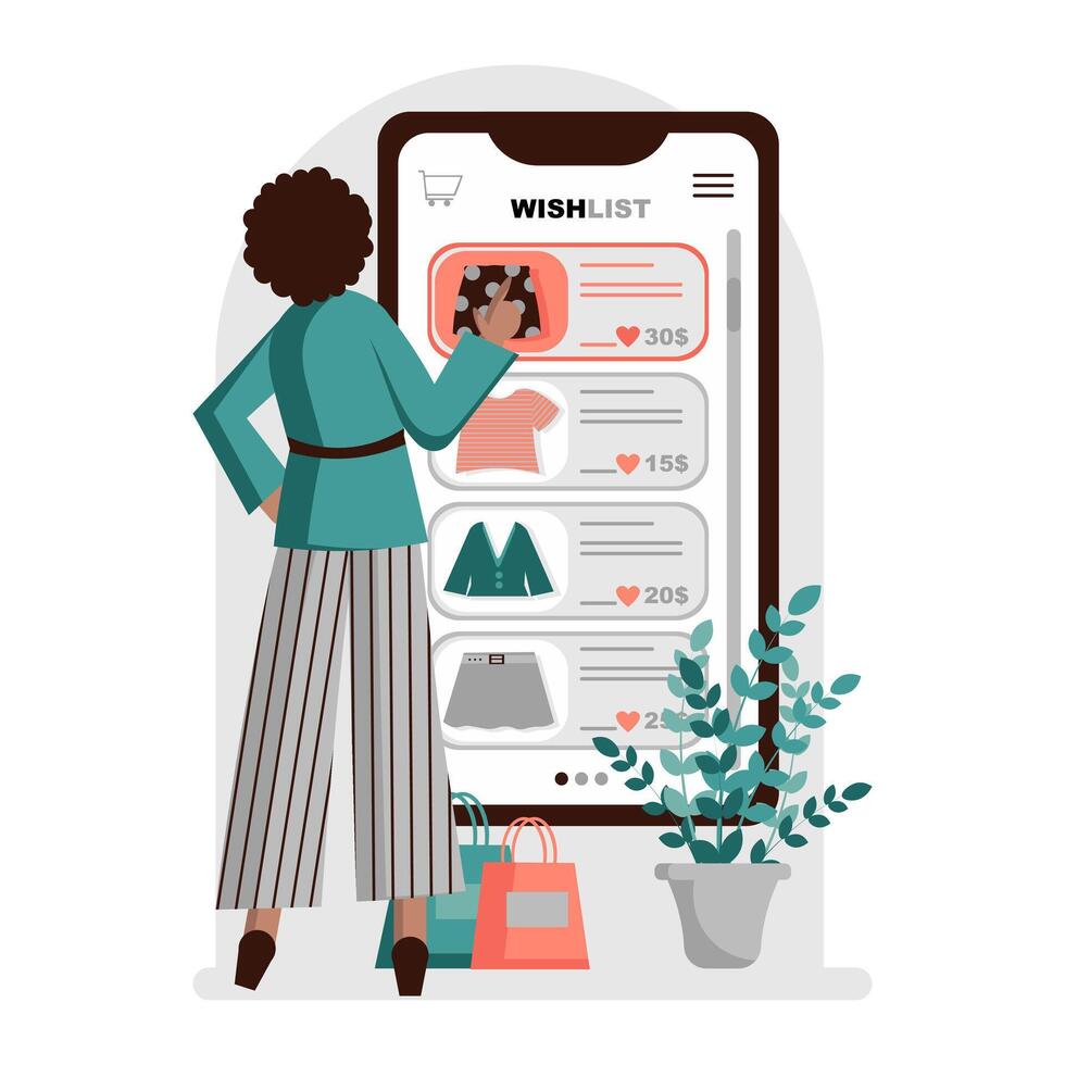 kvinna stående nära stor smartphone och valde kläder vektor