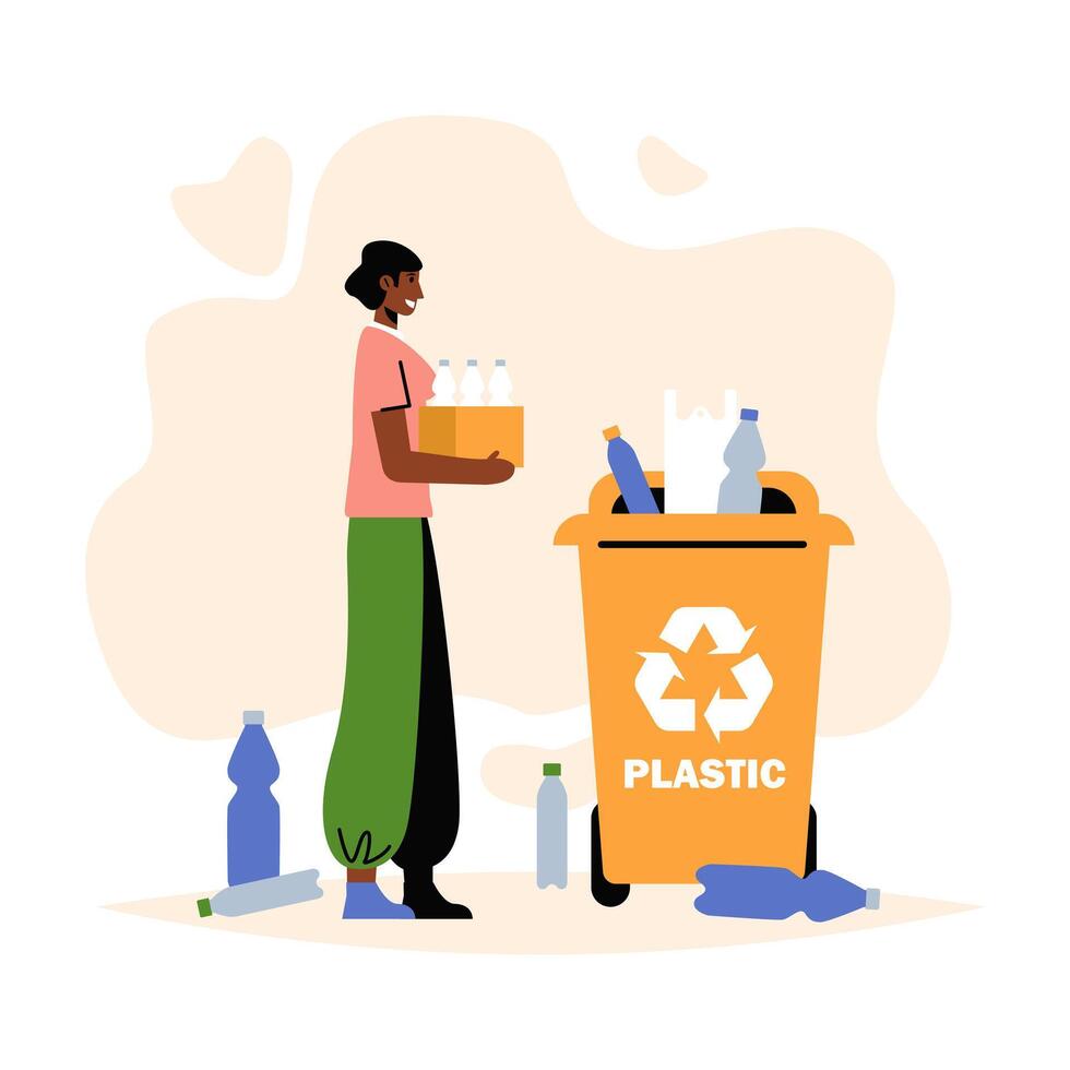 amerikanisch Frau nimmt Plastik Flaschen zum Recycling. Grün Umgebung vektor