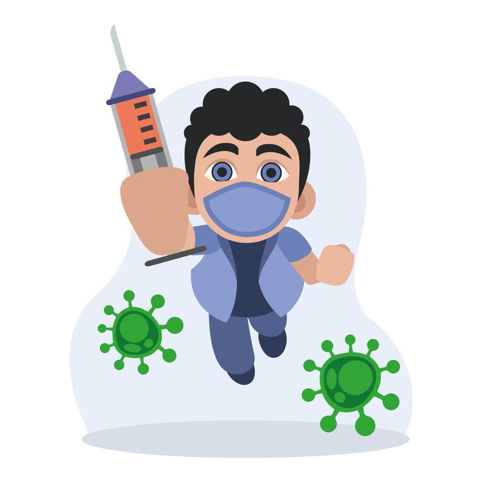 man innehav spruta redo till skydda patient. hälsa vård leverantörer bekämpa virus med vaccinationer vektor