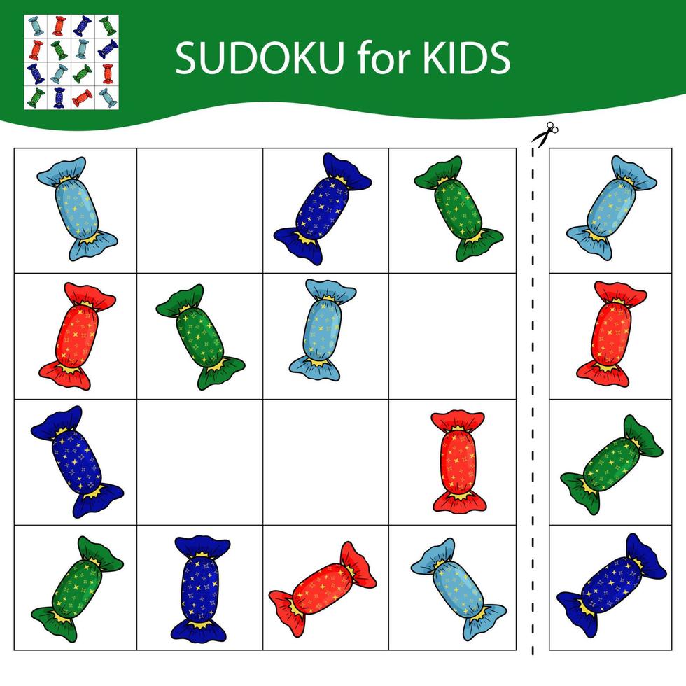 Sudoku-Spiel für Kinder mit Bildern. Süßigkeiten mit bunter Verpackung. Frohe Weihnachten und ein glückliches Neues Jahr. Vektor. vektor