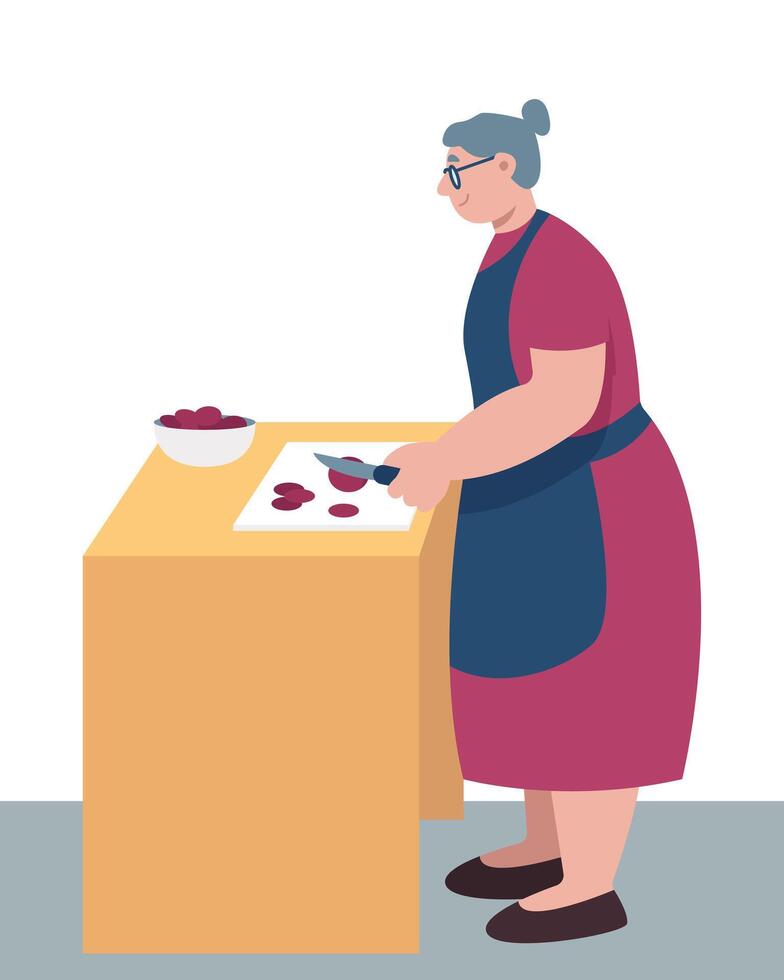 Erwachsene Frau im Schürze halten Messer und Schneiden Produkt auf Tabelle vektor
