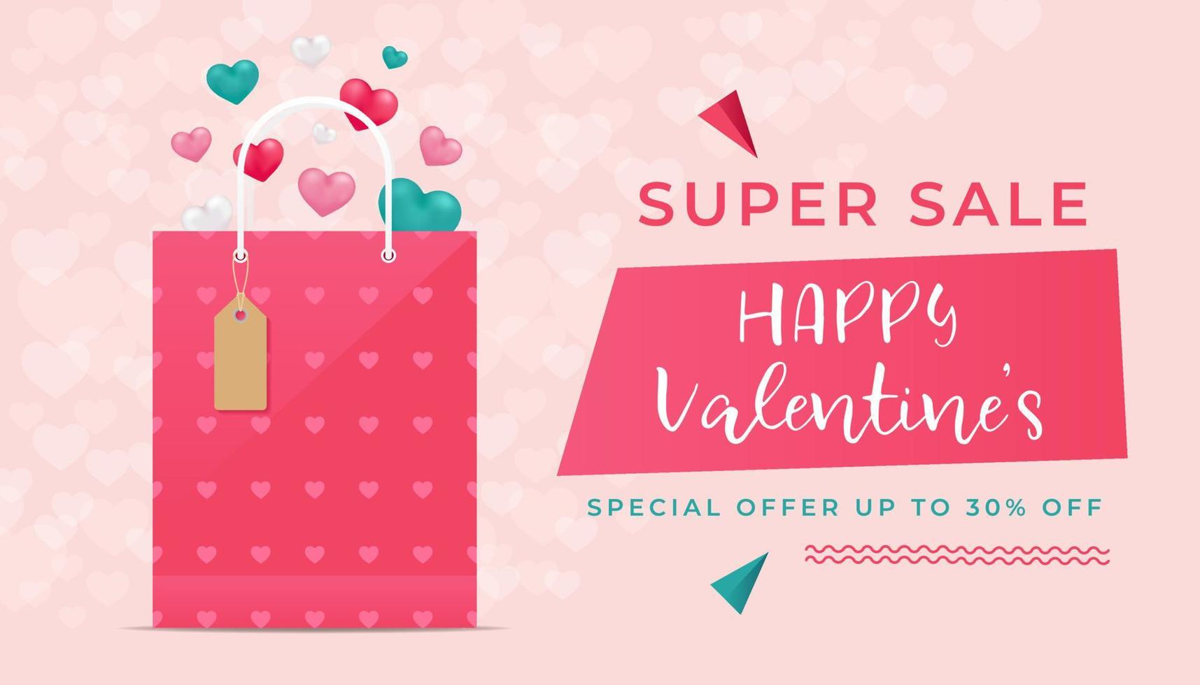 glad valentine s rea banner med realistisk shoppingväska och hjärtan inuti. vektor illustration